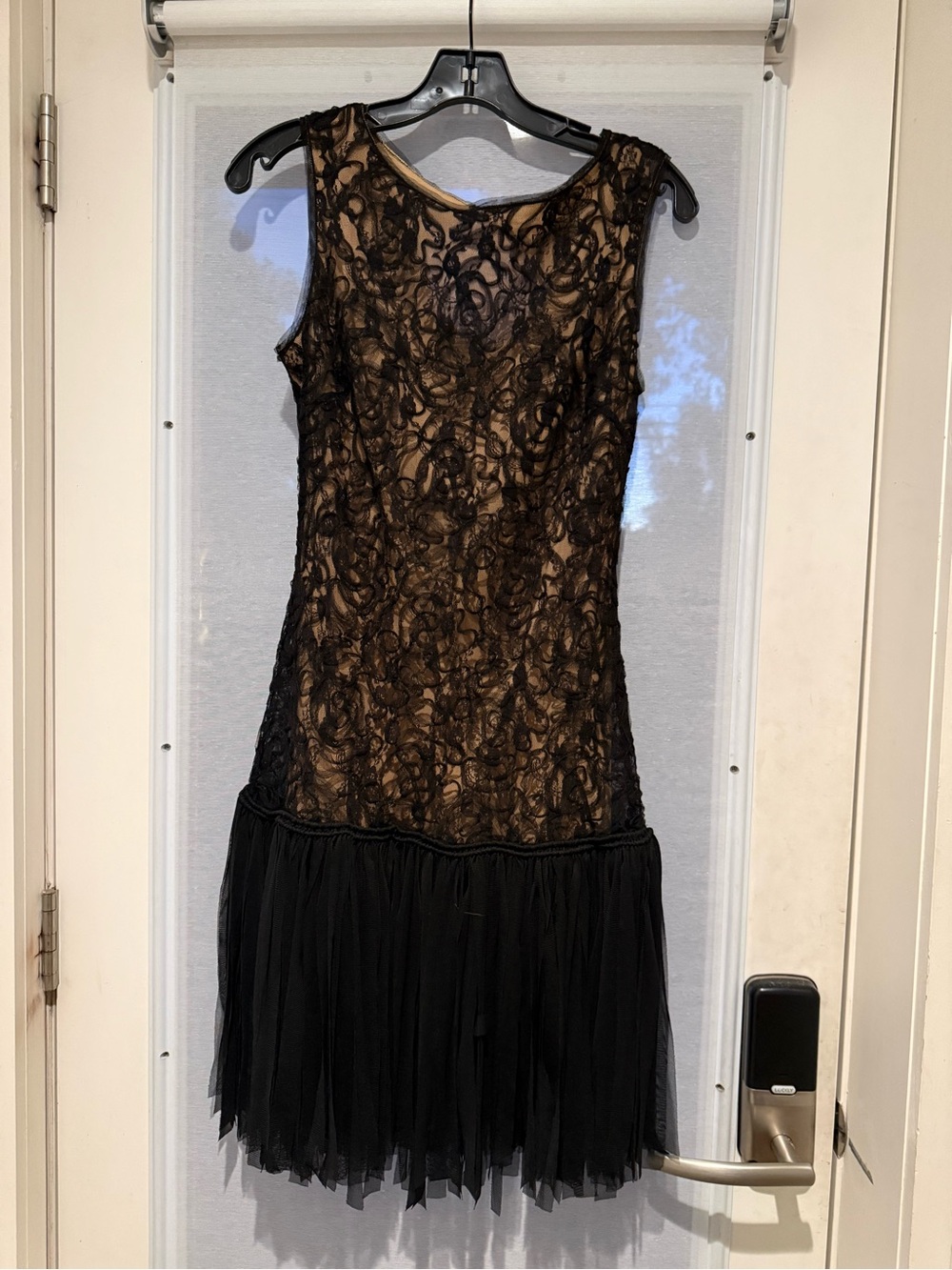 Max Studio Black Lace Overlay Cocktail Tule Fringe Dress Flapper style Size XS